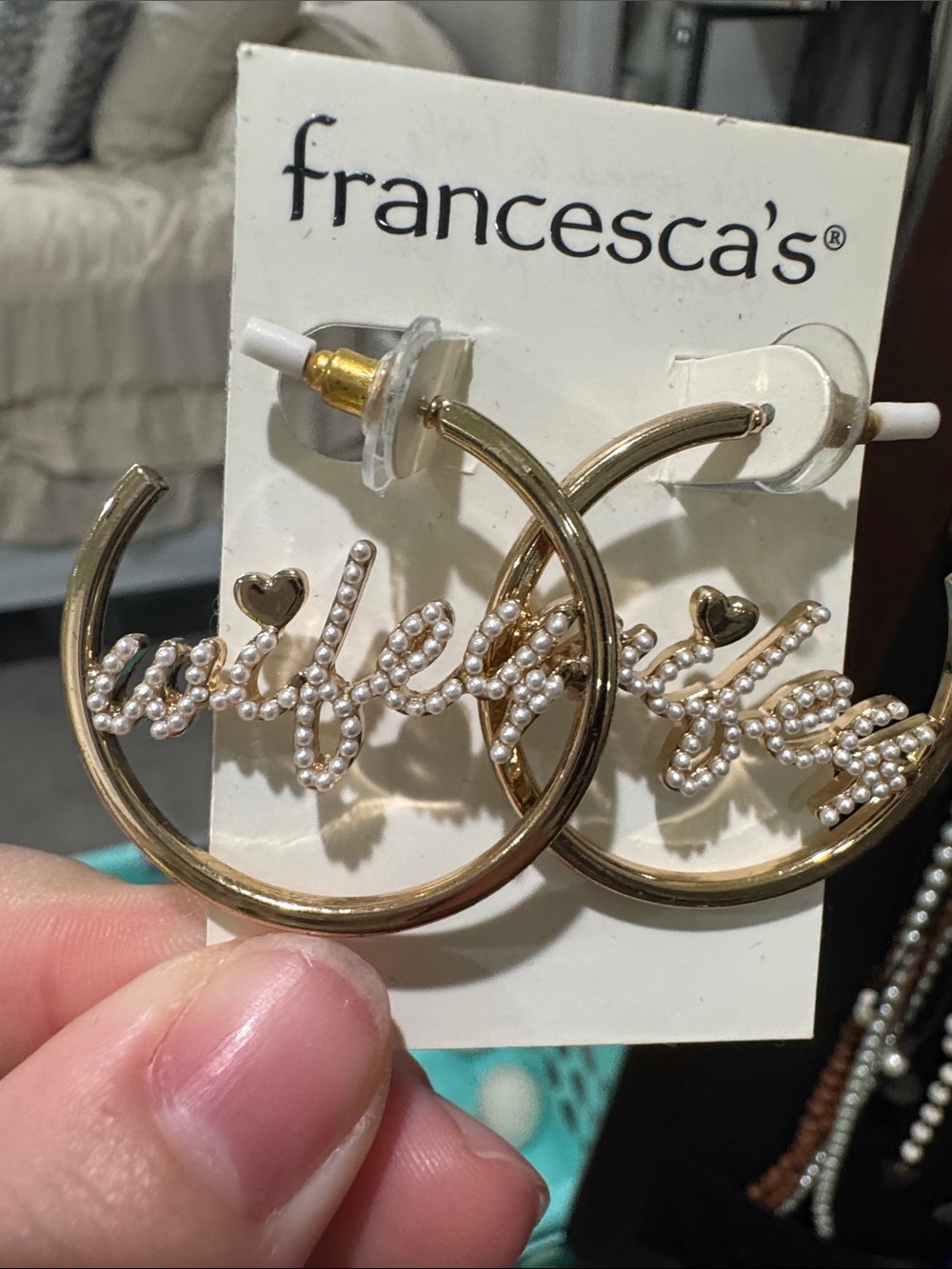 Francesca's Collections Gold Hoop Earrings with Pearl Script and Heart